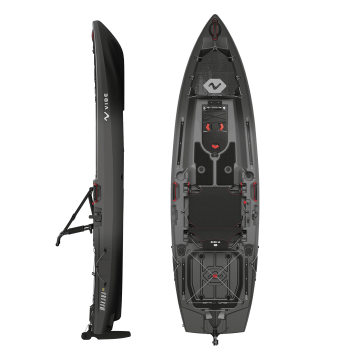 Vibe Kayaks Makana 100 kayak with side top view showing sleek design and Versa Pod storage system.