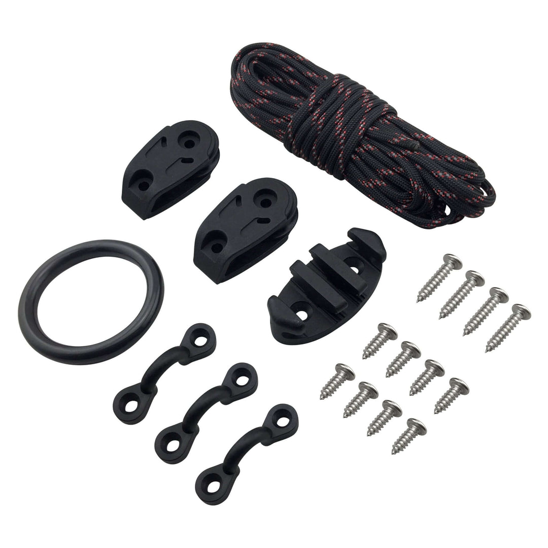 Vibe Kayaks Anchor Trolley Kit for rigging, featuring ropes, pulleys, and hardware for kayak anchoring setup.