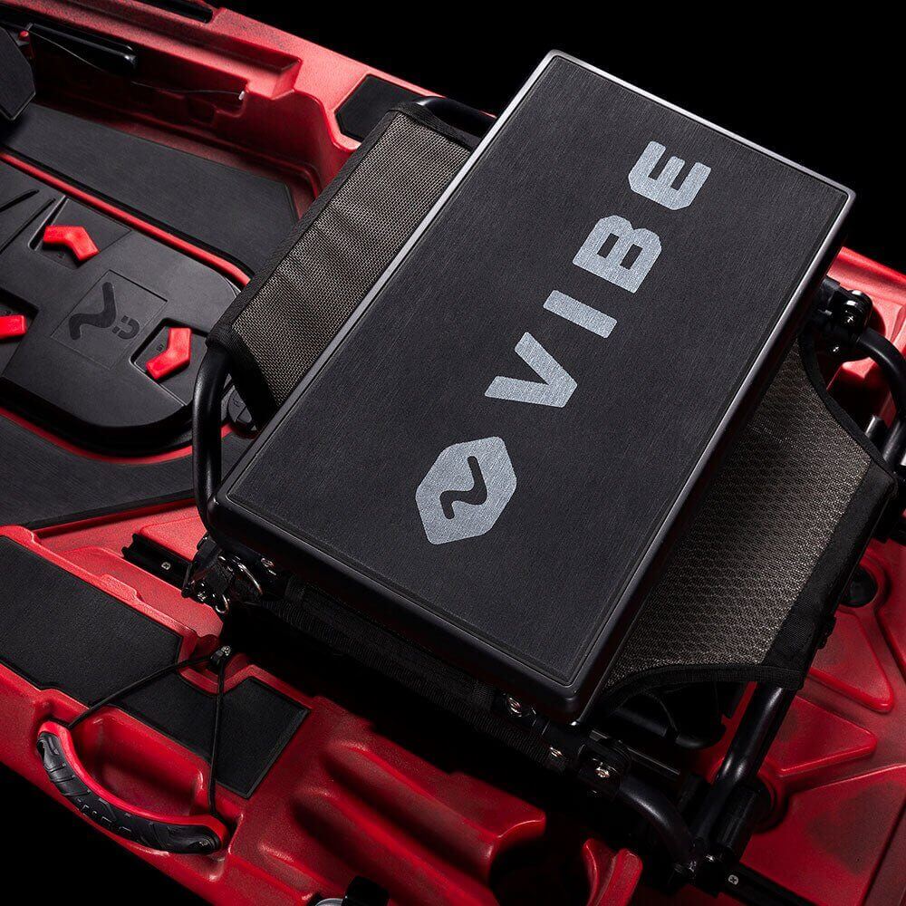 Vibe Kayaks Summit Perch seat mounted on kayak, featuring adjustable straps and padded seating for comfortable outdoor paddling.