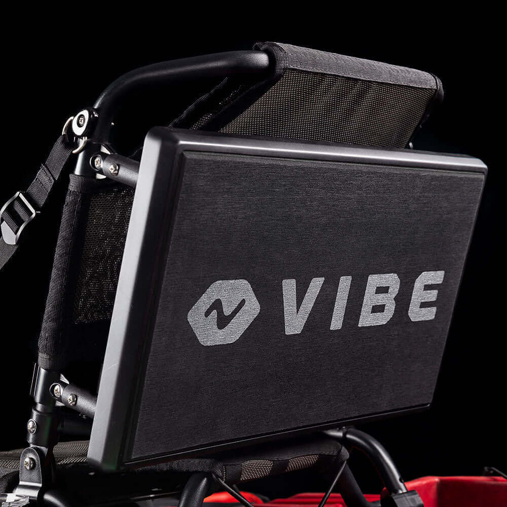 Vibe Kayaks Summit Perch seat mounted on kayak, adjustable seat with padded cushion for comfort and stability during paddling.