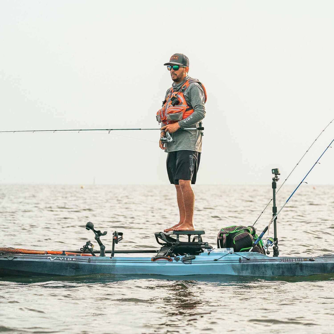 Vibe Kayaks Summit Perch seat in Caribbean Blue, with adjustable straps and ergonomic design for comfortable kayaking.