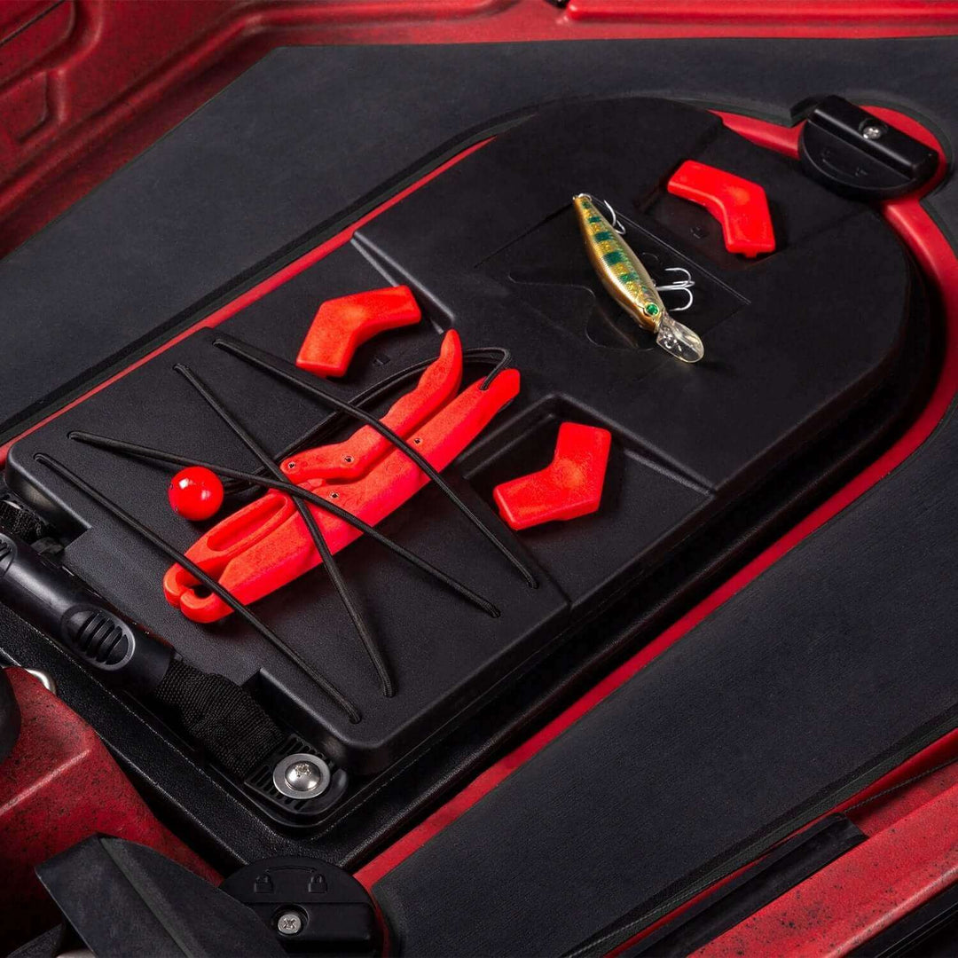 Vibe Kayaks Shearwater Versa Pod storage and accessory system installed on the kayak for convenient gear organization.