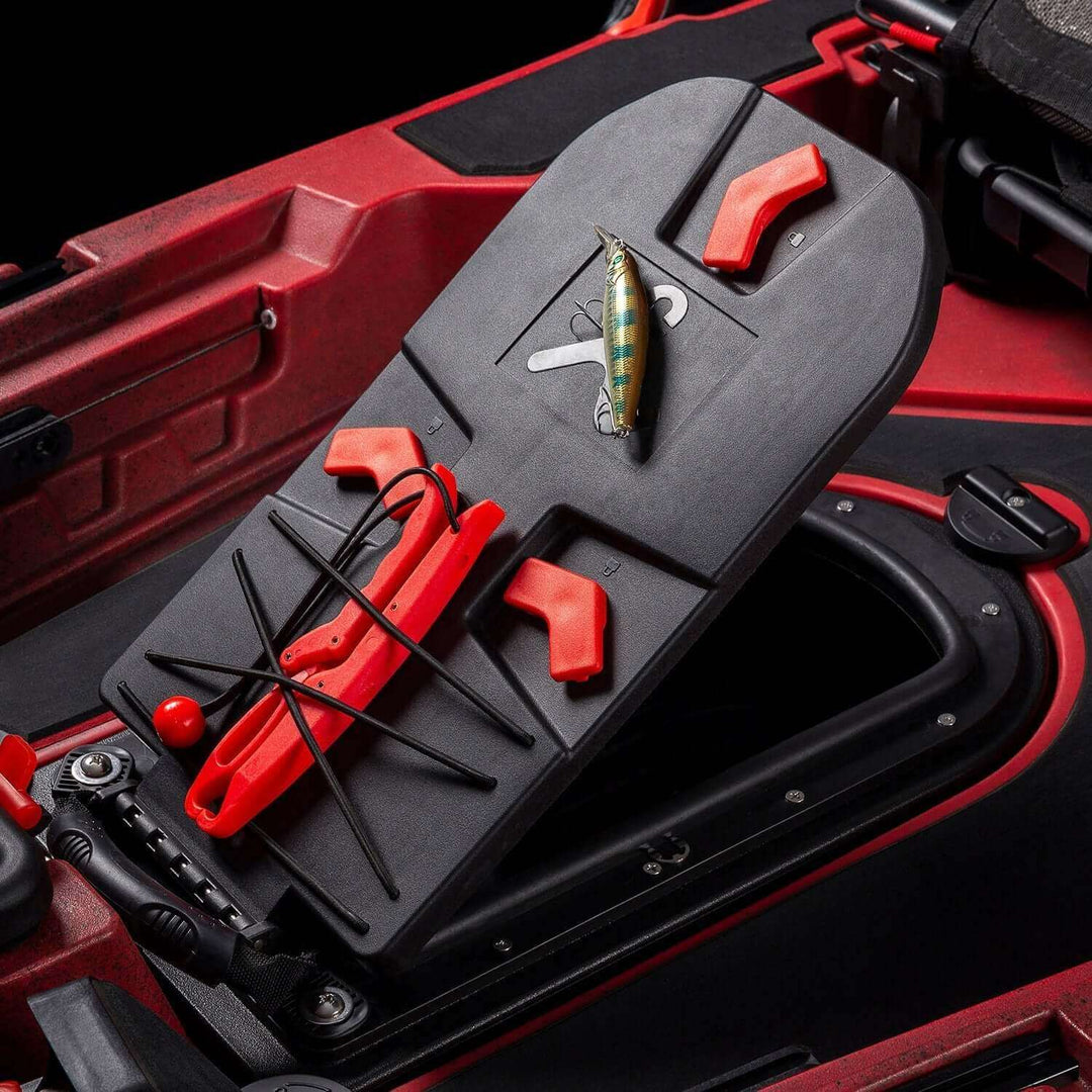 Vibe Kayaks Shearwater Versa Pod, kayak storage and accessory system, shown installed on the kayak in the image.