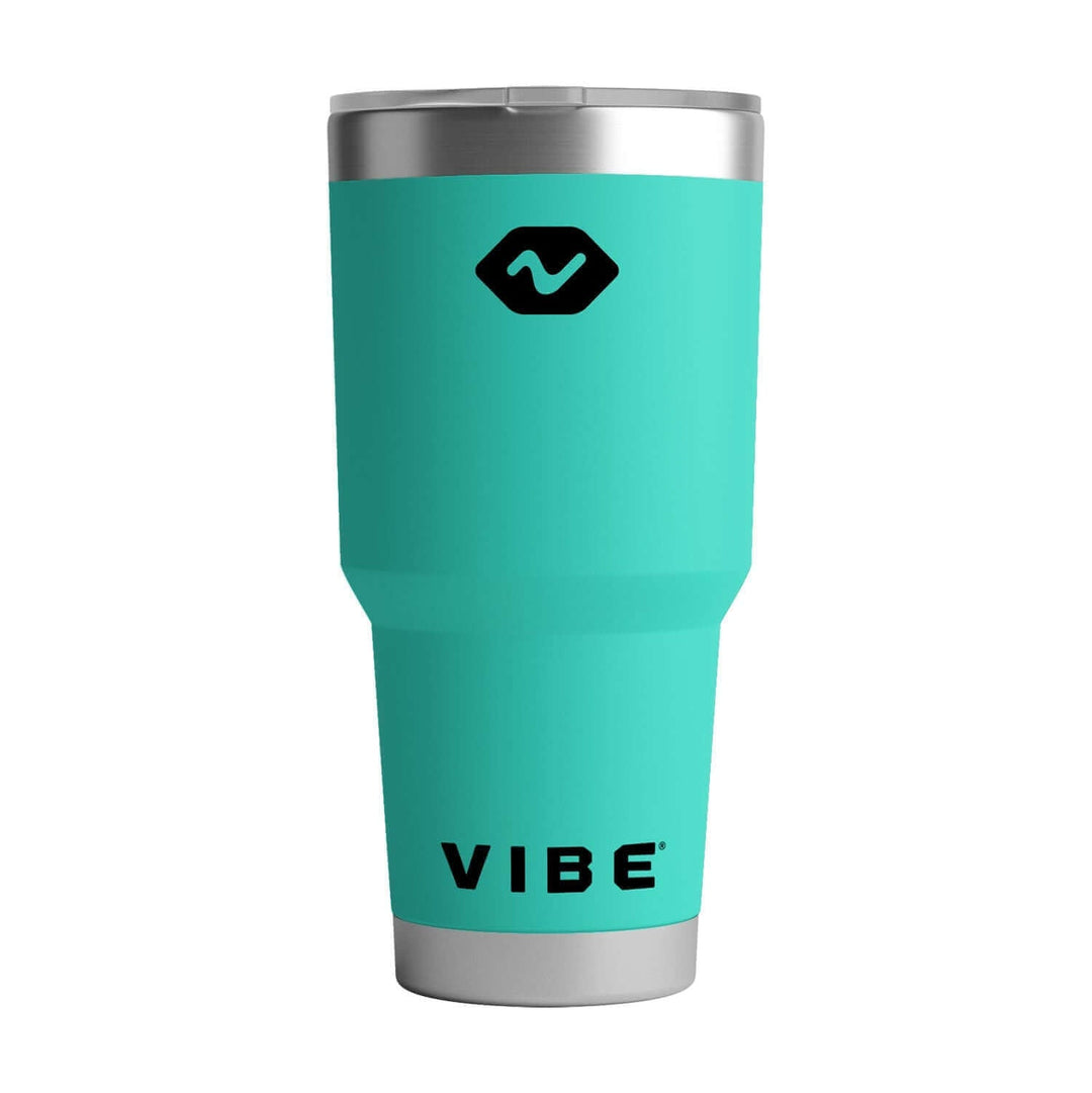 Vibe Kayaks Caribbean Blue 30 oz tumbler featuring a sleek stainless steel design and spill-proof lid.
