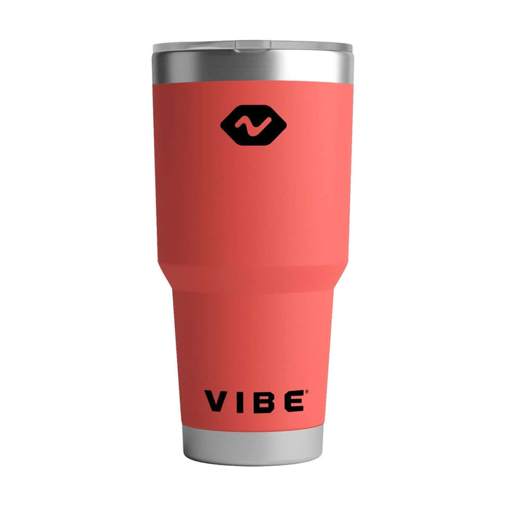 Vibe Kayaks Caribbean Blue 30 oz tumbler with a stainless steel body and spill-proof lid for hot and cold beverages.