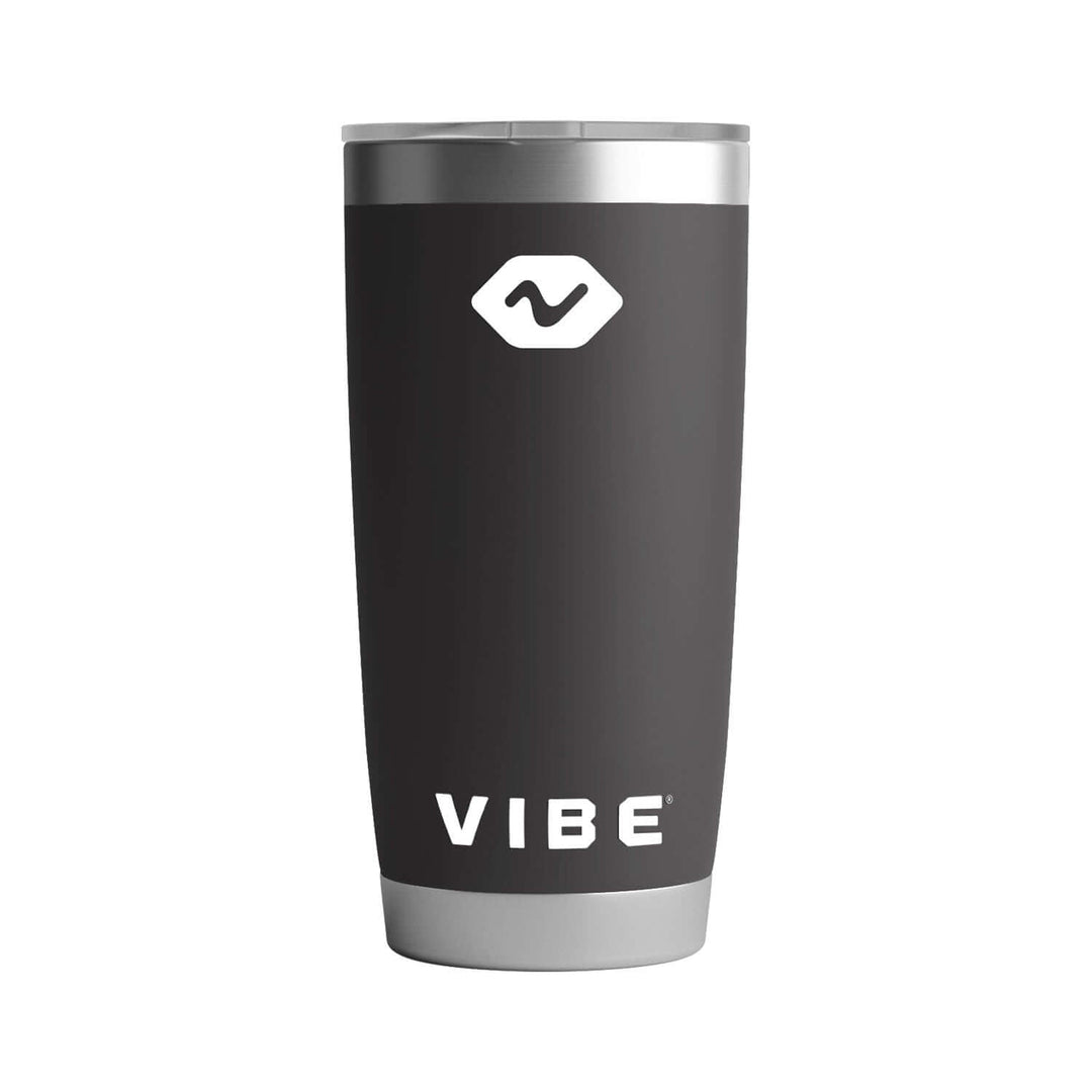 Vibe 20 oz Tumbler by Vibe Kayaks, stainless steel with a black lid and grip, designed for beverages on the go.