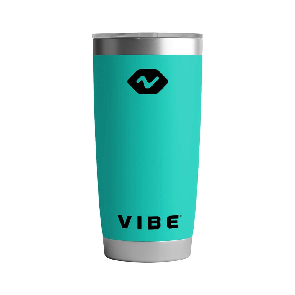 Vibe 20 oz Tumbler by Vibe Kayaks with stainless steel body and black lid, designed for hot and cold beverages.