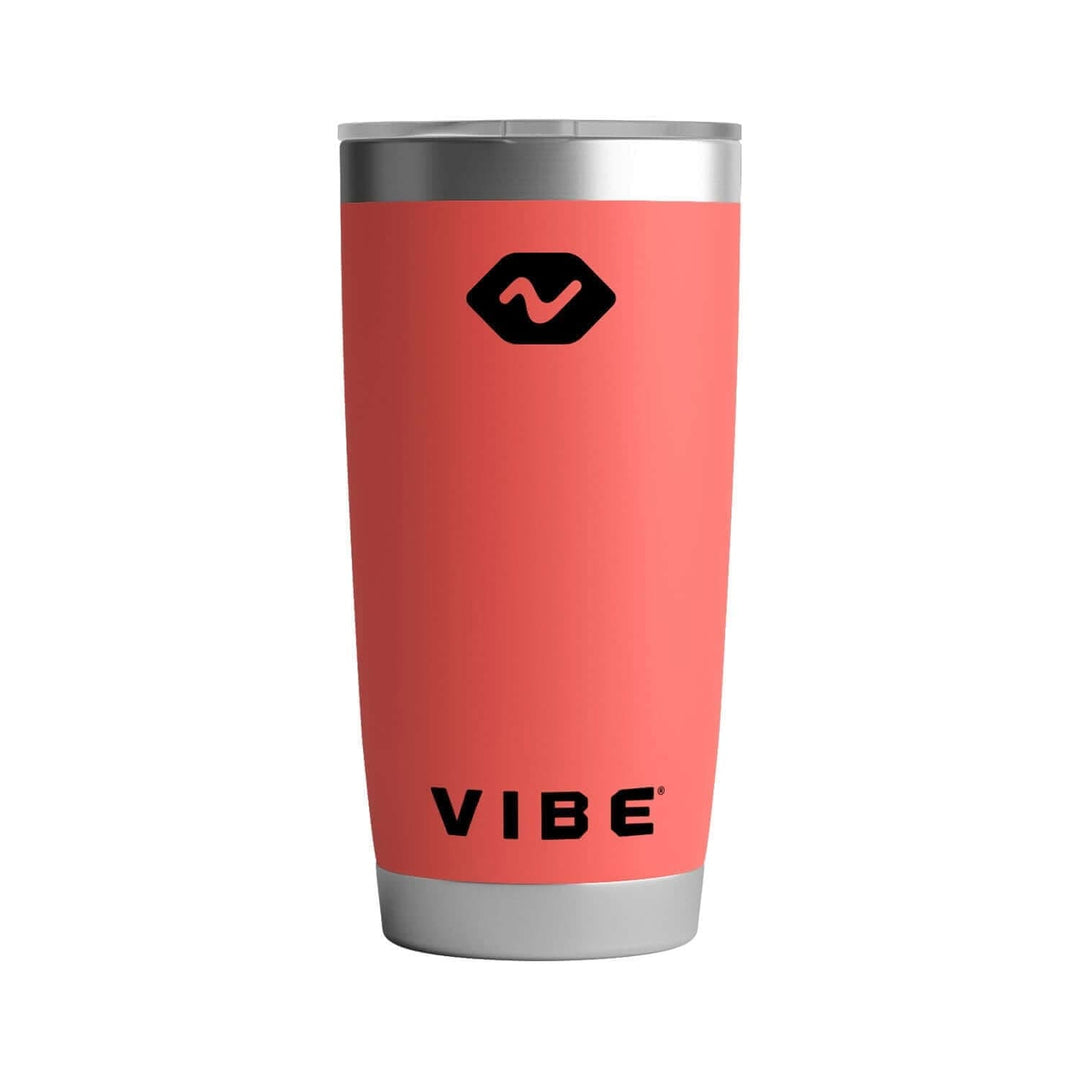Vibe 20 oz Tumbler by Vibe Kayaks with stainless steel body and black lid, designed for keeping drinks hot or cold.