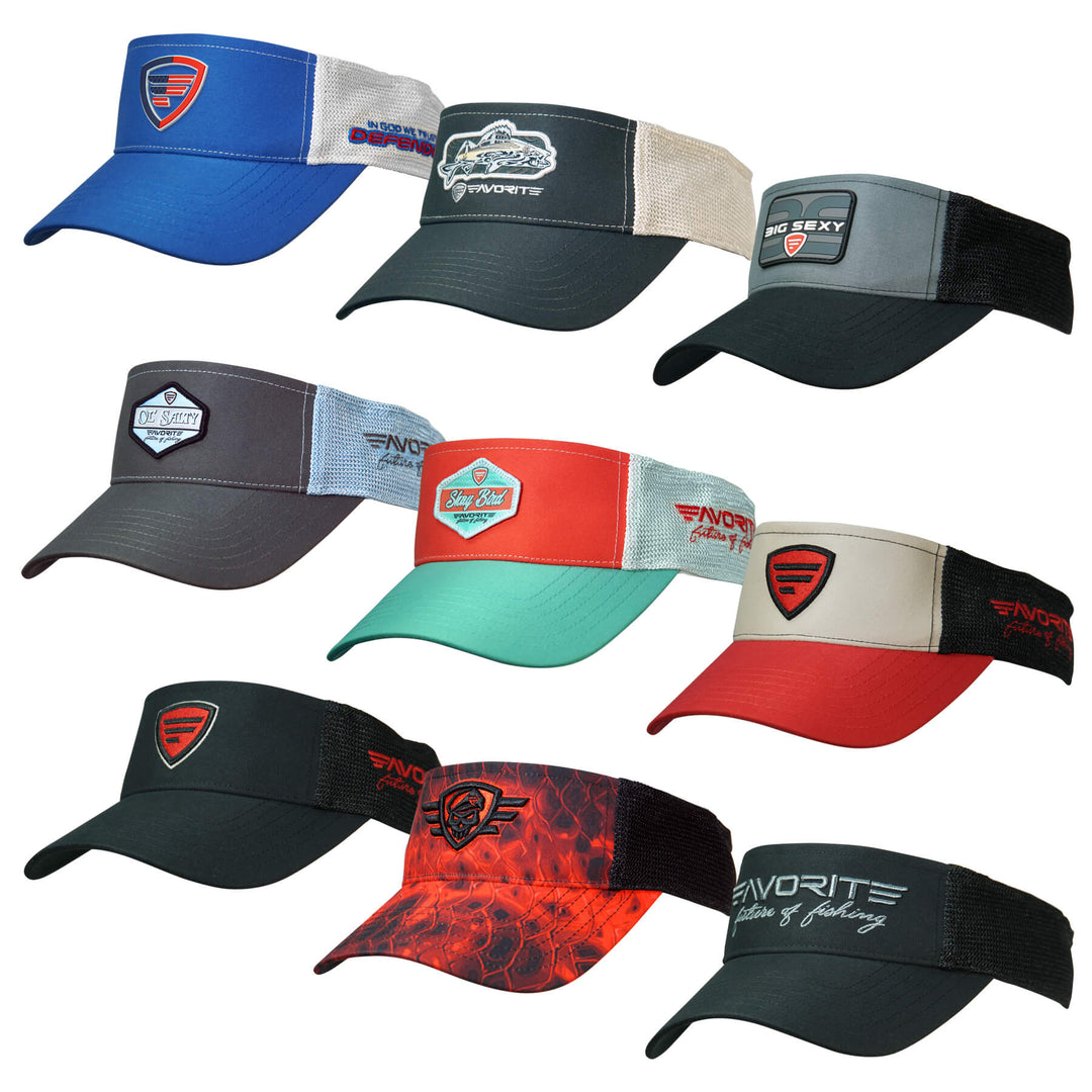 Favorite Fishing visor hat with a curved brim and adjustable strap, featuring the Favorite Visor logo on the front.