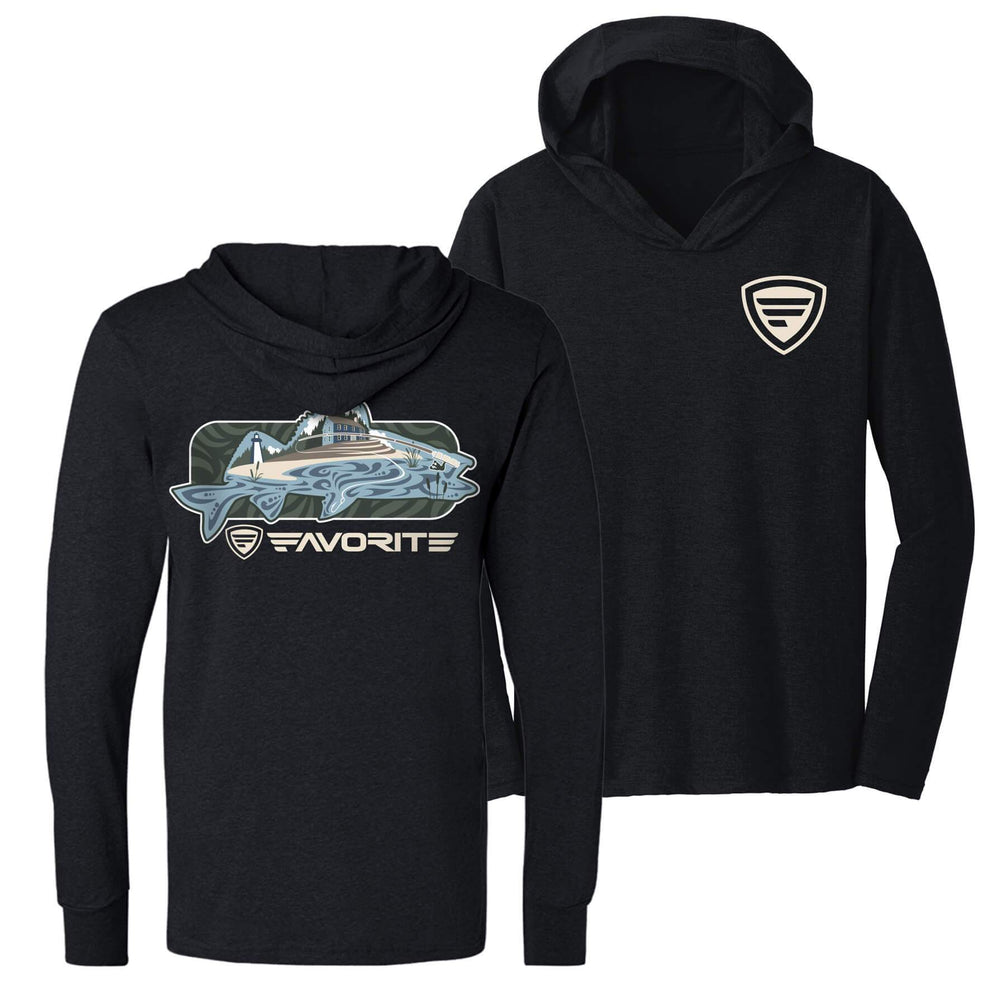 Favorite Fishing Simmer Tri-Blend Hoodie with walleye graphic, showing the back view of the casual fishing apparel.