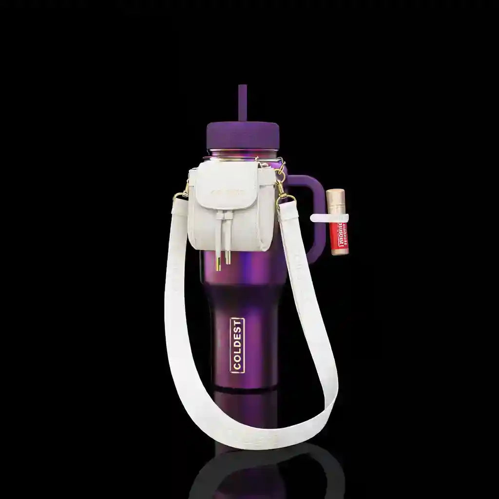 Coldest Mini Backpack with mint-colored squeeze holder and key hanger, featuring a white chapstick inside the backpack.