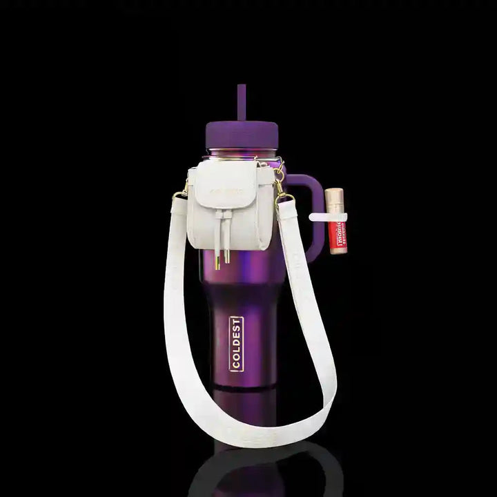 Coldest Mini Backpack with mint-colored squeeze holder and key hanger, featuring a white chapstick inside the backpack.