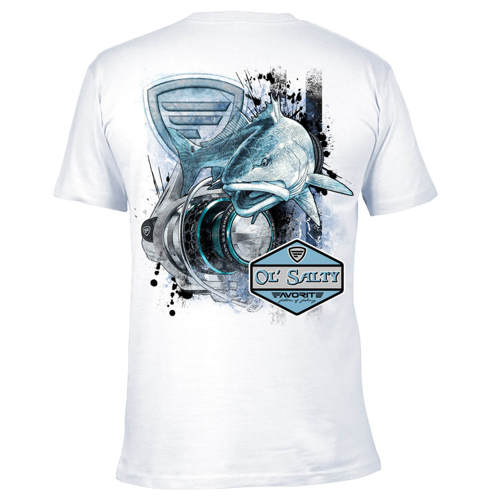 White Favorite Fishing Ol' Salty Redfish T-shirt showcasing a redfish graphic on the front for casual fishing apparel.