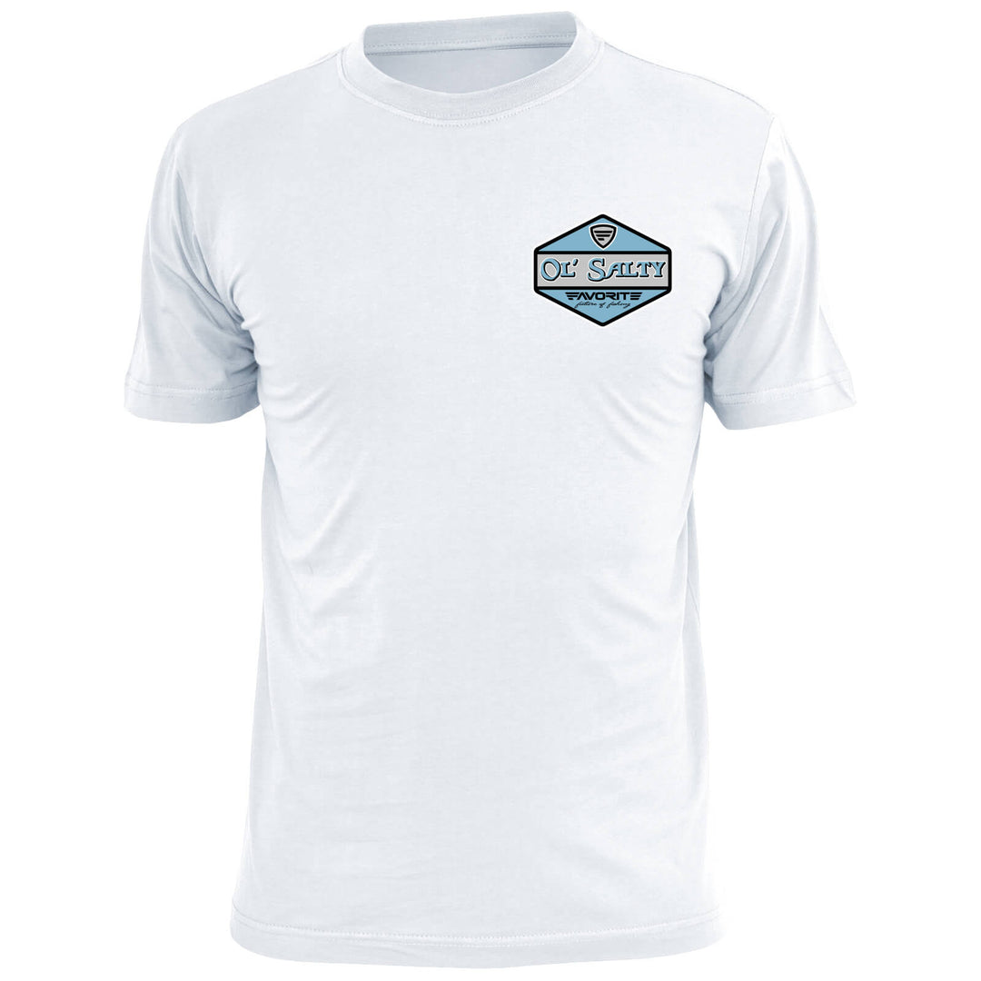 White front view of the Ol' Salty Redfish T-Shirt by Favorite Fishing, showcasing the apparel's design and fit.