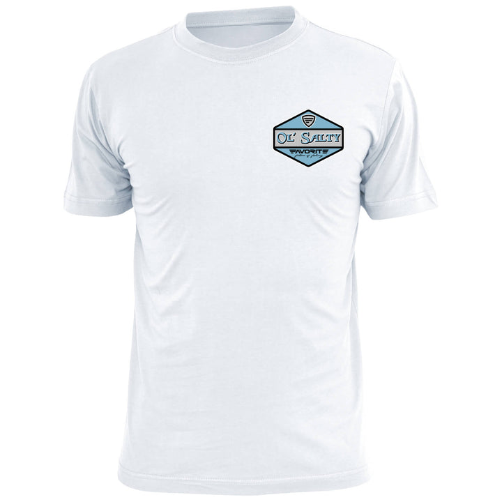 White front view of the Ol' Salty Redfish T-Shirt by Favorite Fishing, showcasing the apparel's design and fit.
