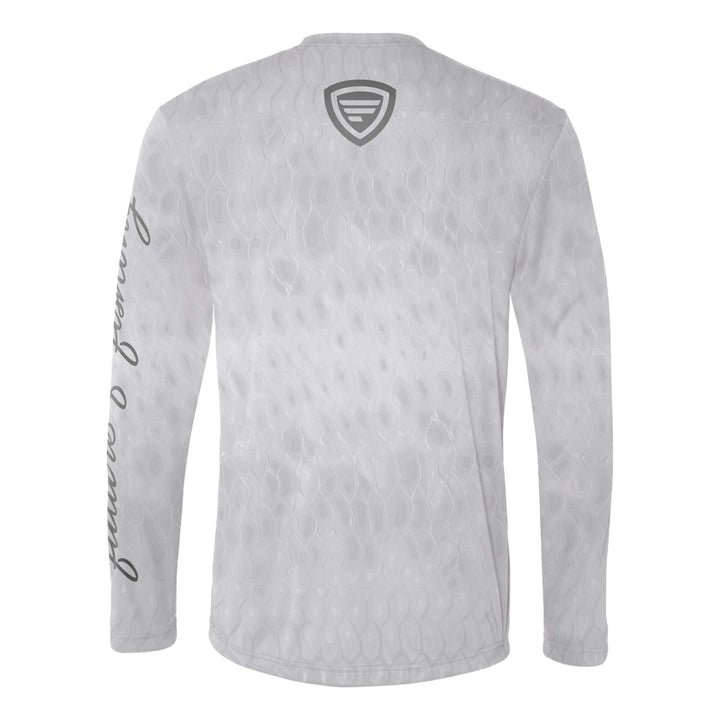 White performance long sleeve Scalz T-shirt by Favorite Fishing, featuring a sleek design and comfortable fit.