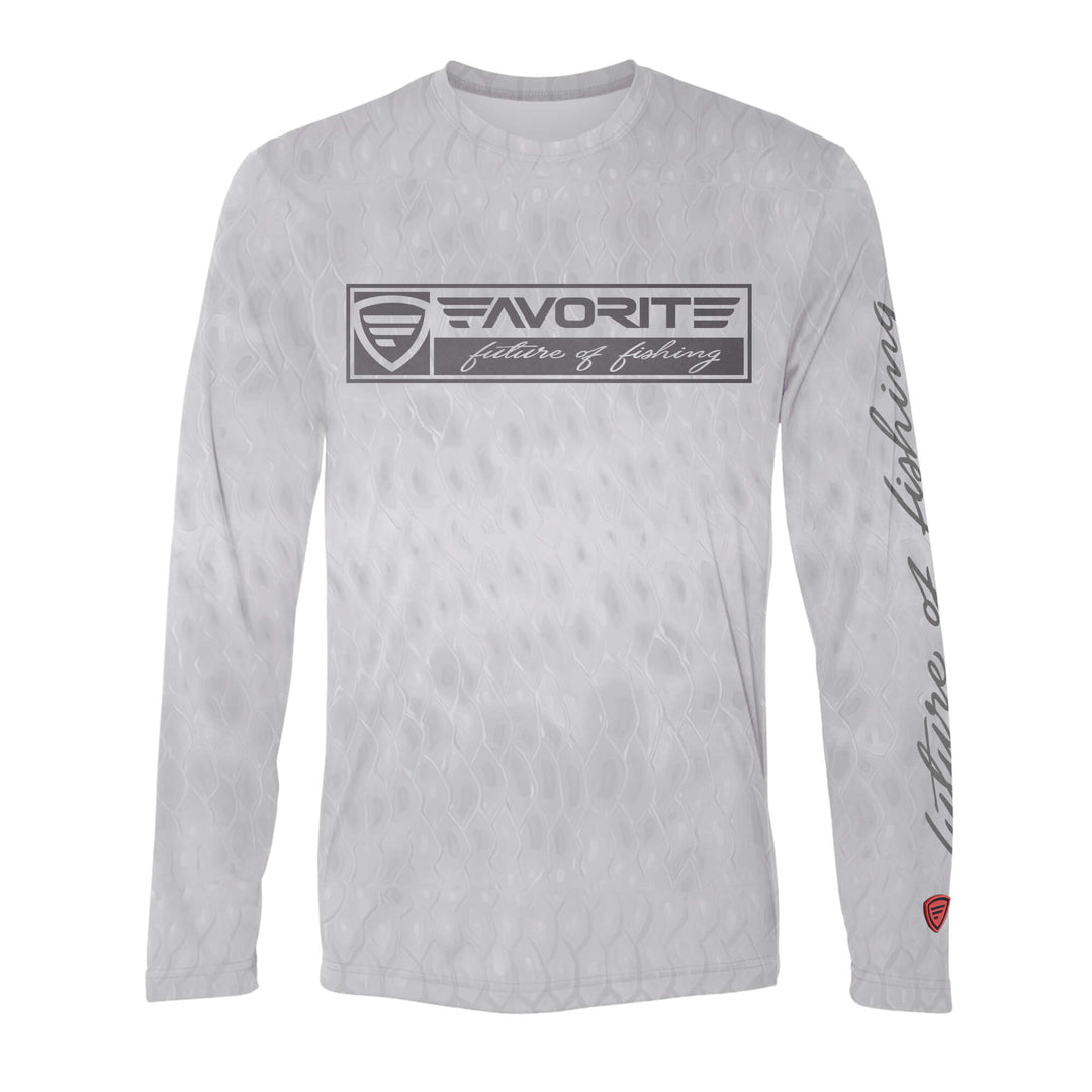 White Performance Long Sleeve Scalz T-Shirt by Favorite Fishing, featuring lightweight fabric and performance design for outdoor activities.