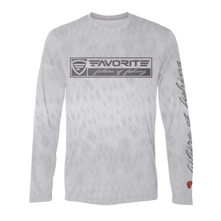 White Performance Long Sleeve Scalz T-Shirt by Favorite Fishing, featuring lightweight fabric and performance design for outdoor activities.