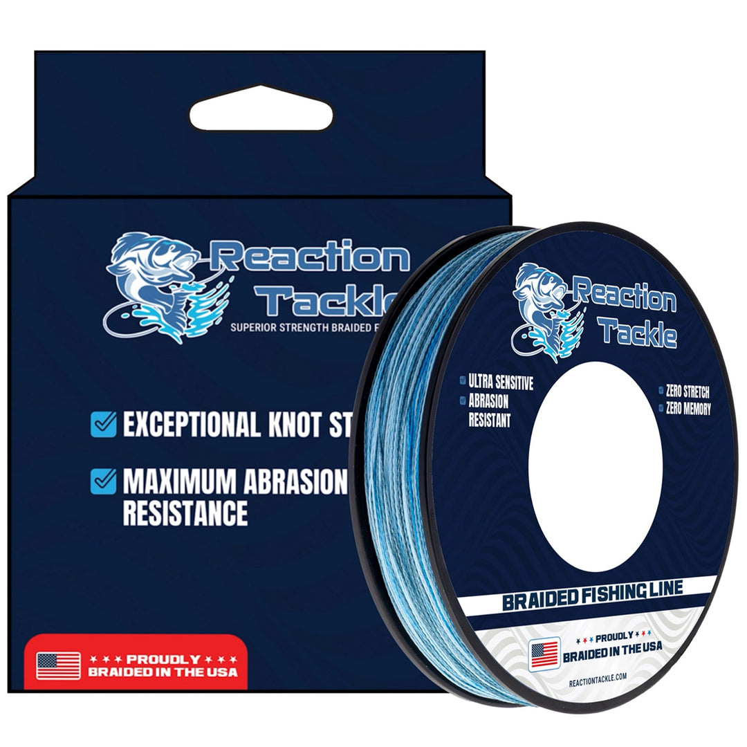 Reaction Tackle braided fishing line, USA-made, four spools, high-strength, durable fishing line for anglers.