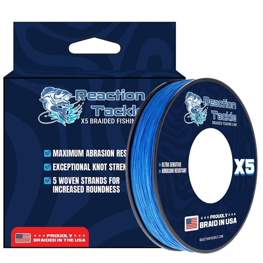 Reaction Tackle braided fishing line, USA-made, displayed in a set of five spools, ideal for freshwater and saltwater fishing.