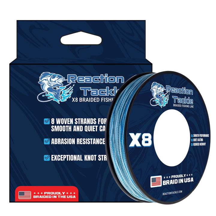 Reaction Tackle braided fishing line, X8, made in the USA, shown with close-up of the durable, tightly woven braided fishing line.