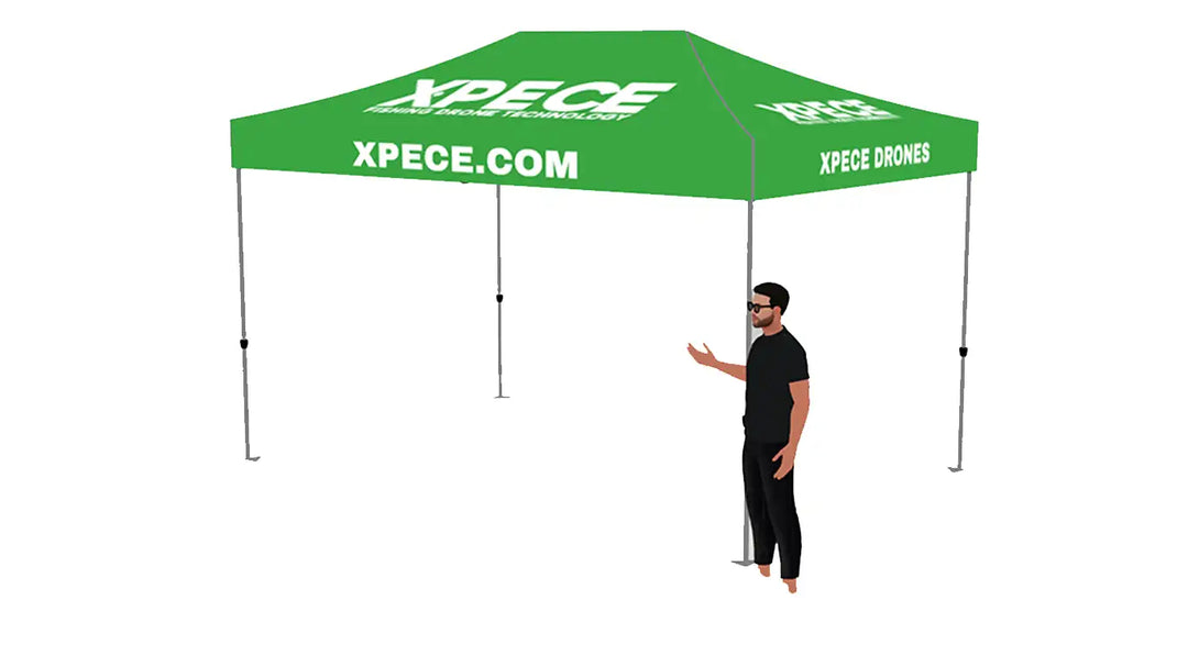 Xpece Drones 10x10 heavy-duty commercial beach tent shown from a right-angle view, providing shade and shelter for outdoor events.