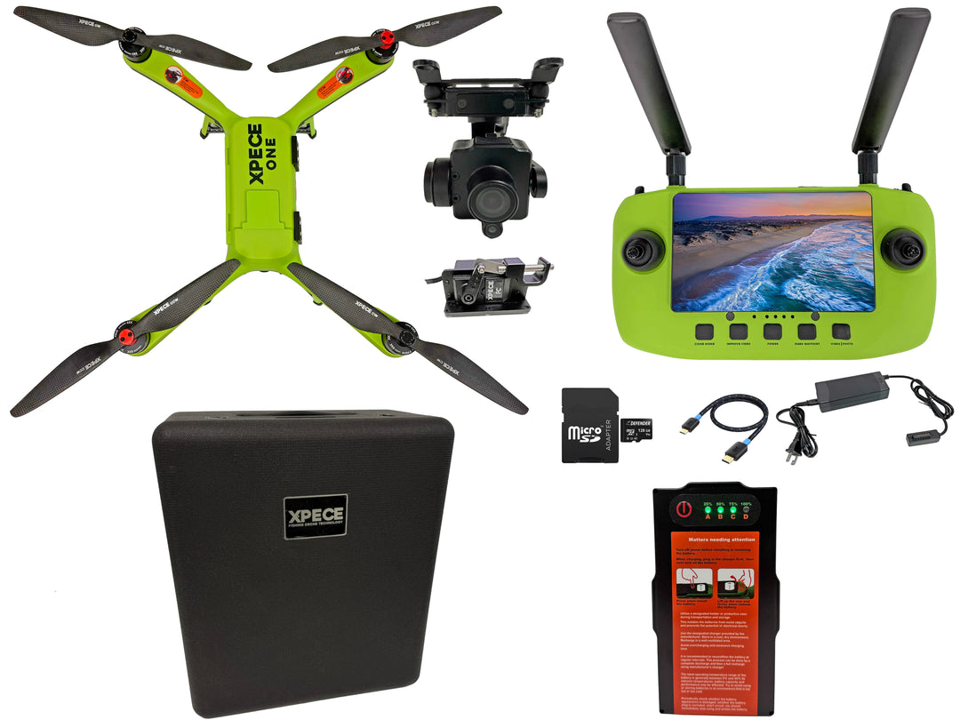 Xpece ONE fishing drone with flight battery, showing the drone in flight against a clear sky, designed for aerial fishing activities.