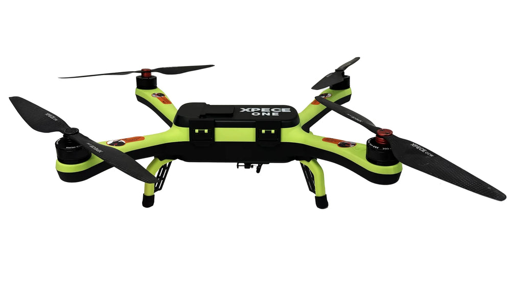Xpece ONE BARE fishing drone from front angle, featuring compact design and camera setup for aerial fishing trips.