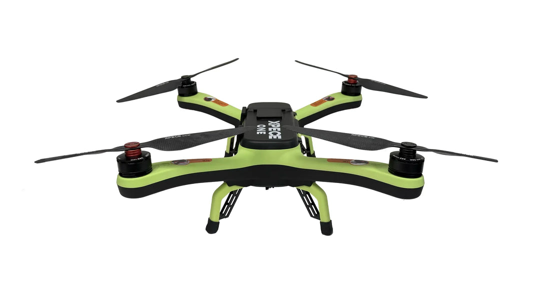 Front view of the Xpece ONE BARE fishing drone with white background, showcasing its compact design and aerial camera system.
