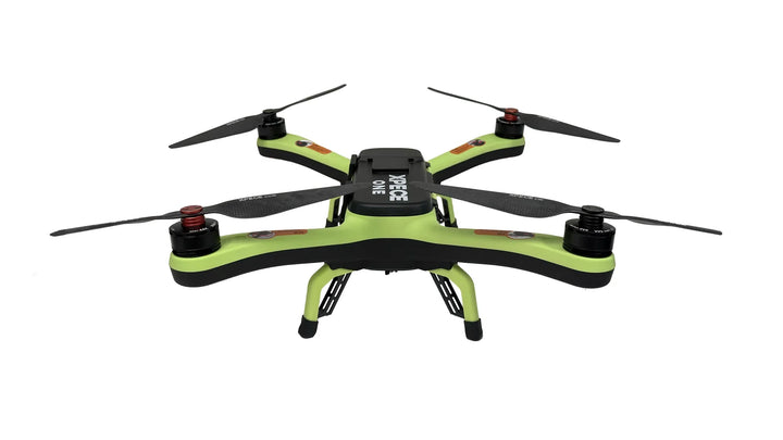 Front view of the Xpece ONE BARE fishing drone with white background, showcasing its compact design and aerial camera system.