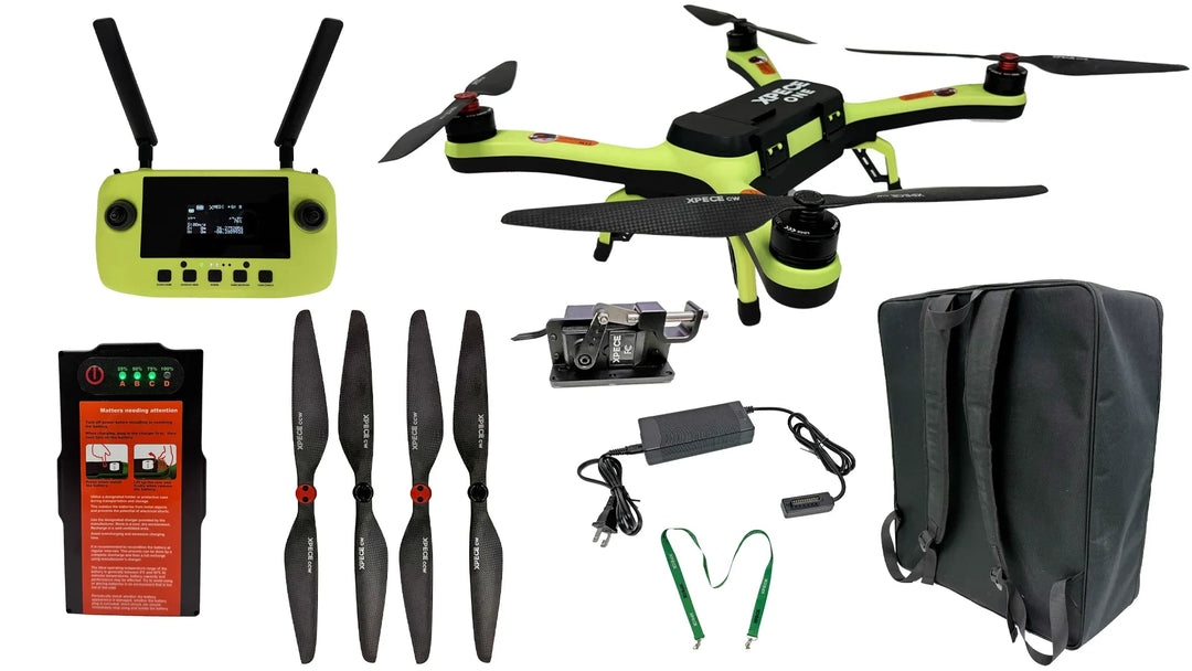Xpece ONE BARE fishing drone kit with remote controller and accessories, designed for aerial fishing and drone navigation.