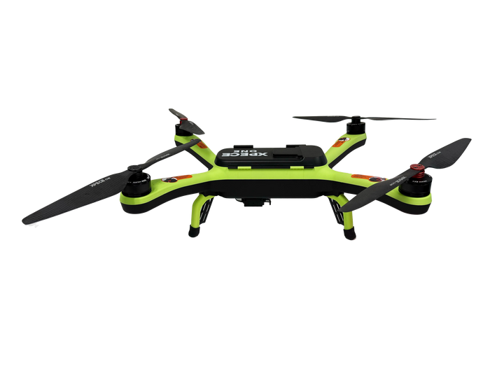 Side view of the Xpece ONE BARE fishing drone showcasing its sleek design and compact structure for aerial fishing.