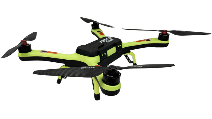 Top angled view of the Xpece ONE BARE fishing drone by Xpece Drones, showcasing its compact design and camera system.