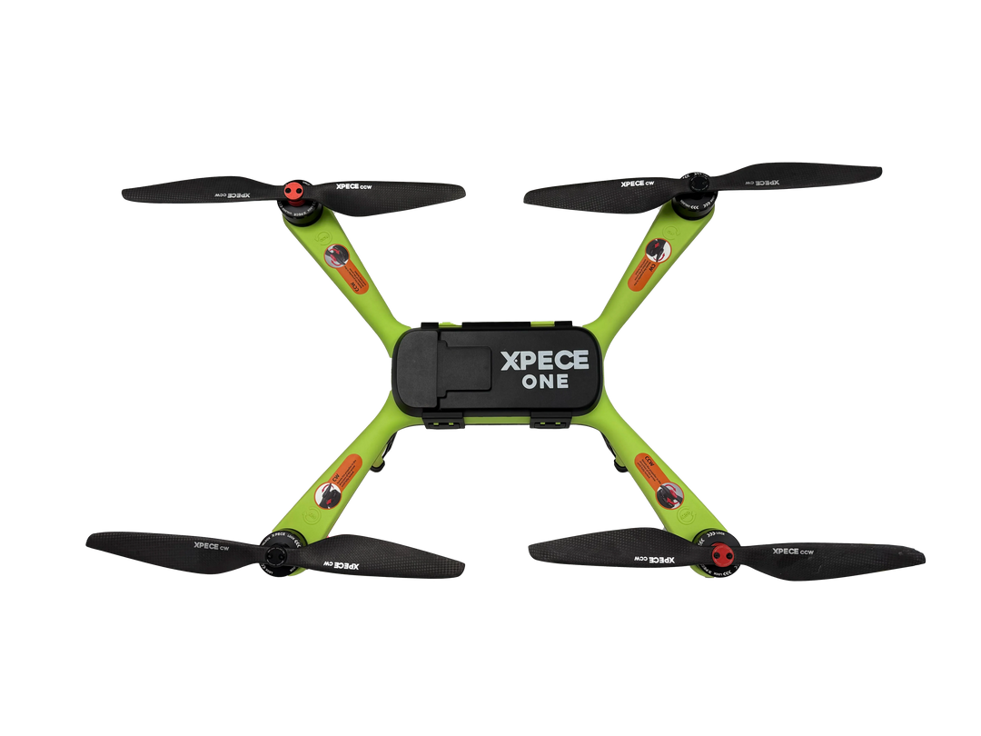 Top view of the Xpece ONE BARE fishing drone by Xpece Drones, showcasing its sleek design and transparent body for aerial fishing.