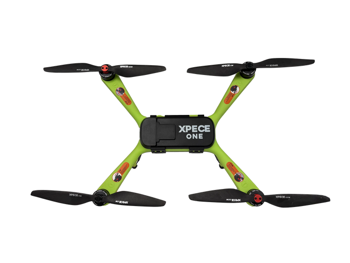 Top view of the Xpece ONE BARE fishing drone by Xpece Drones, showcasing its sleek design and transparent body for aerial fishing.