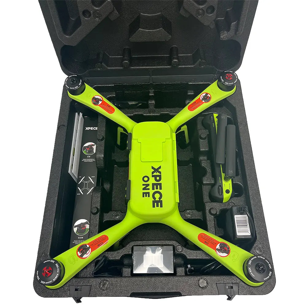 Xpece ONE fishing drone in a carrying case, equipped with Fly More Bundle accessories for extended flying and fishing footage.