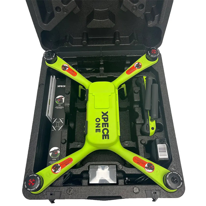 Xpece ONE fishing drone in a carrying case, equipped with Fly More Bundle accessories for extended flying and fishing footage.