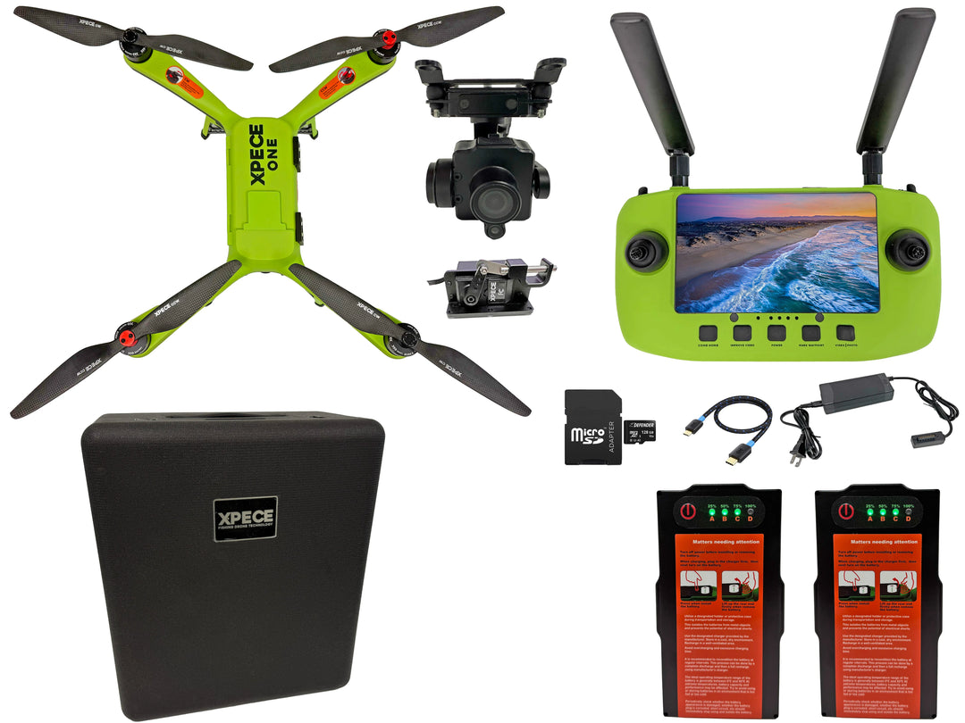 Xpece ONE fishing drone with controller, camera, and case, featuring two batteries for extended outdoor fishing trips.