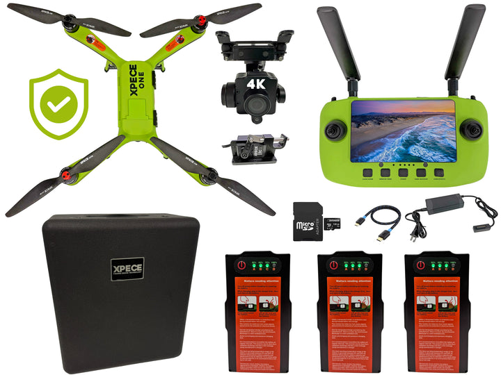 Xpece ONE Fishing Drone with 4K camera, screen controller, three batteries, and carrying case in the Fly More Bundle.