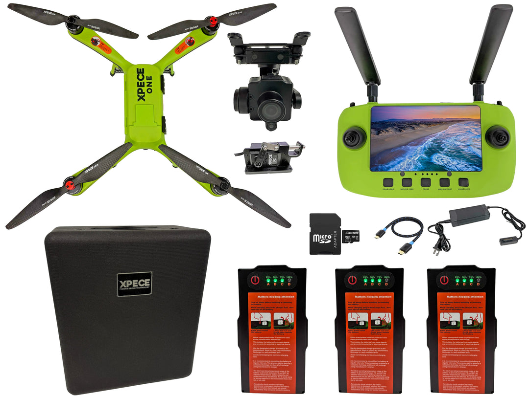 Xpece Drones Xpece ONE fishing drone with Fly More bundle, featuring multiple accessories and remote controller for fishing trips.