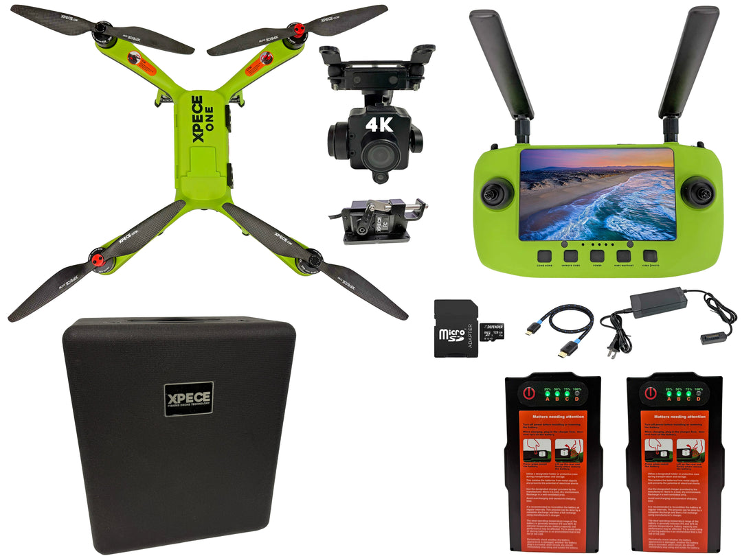 Xpece ONE fishing drone with 4K camera, fly more bundle including two batteries for extended aerial filming.