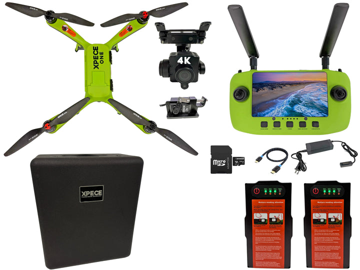 Xpece ONE fishing drone with 4K camera, fly more bundle including two batteries for extended aerial filming.