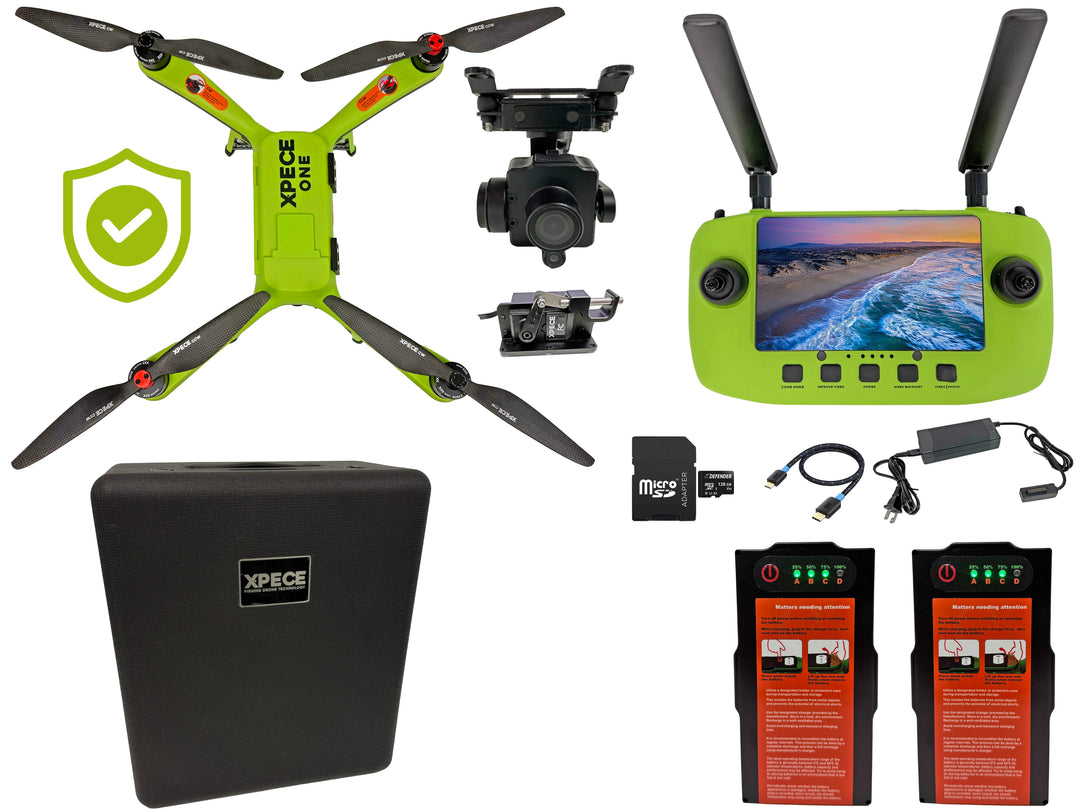 Xpece ONE Fishing Drone with two batteries from Xpece Drones, shown in a bundle with additional accessories.