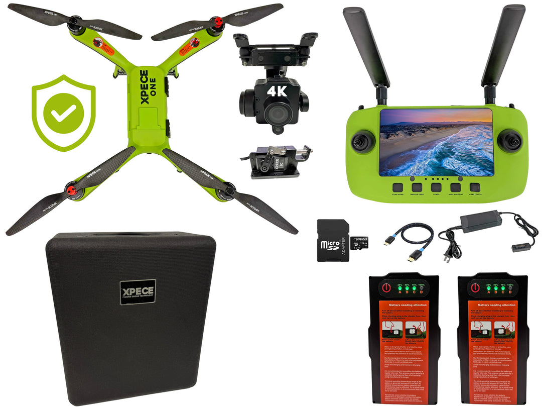 Xpece ONE Fishing Drone with 4K camera, fly-more bundle, and two batteries for extended flights by Xpece Drones.