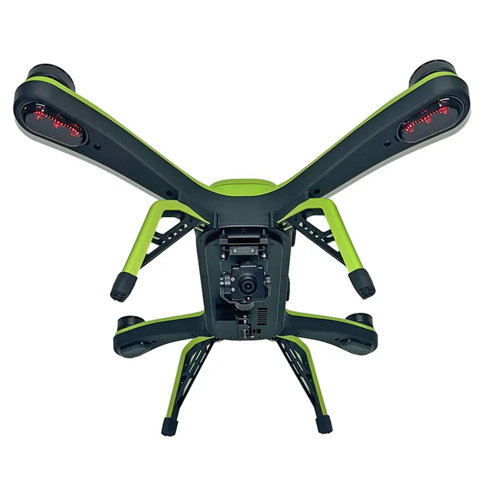 Xpece ONE fishing drone with landing gear, camera, LED lights, viewed from bottom, showcasing rescue drone features.