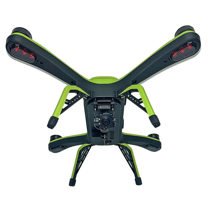 Xpece ONE fishing drone with landing gear, camera, LED lights, viewed from bottom, showcasing rescue drone features.