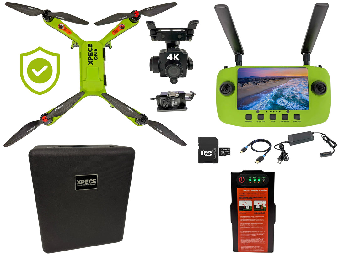 Xpece ONE Fishing Drone kit with remote control, 4K camera, carrying case, batteries, and accessories for aerial fishing and rescue.