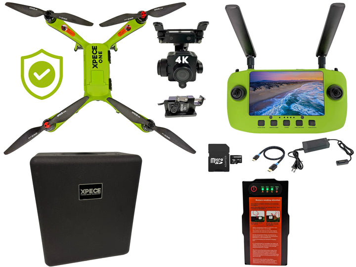 Xpece ONE Fishing Drone kit with remote control, 4K camera, carrying case, batteries, and accessories for aerial fishing and rescue.