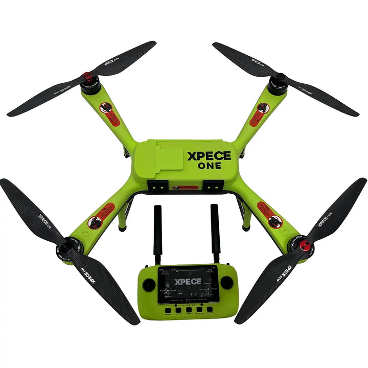 Top view of Xpece ONE fishing drone with remote controller, showcasing its compact design and flight controls.